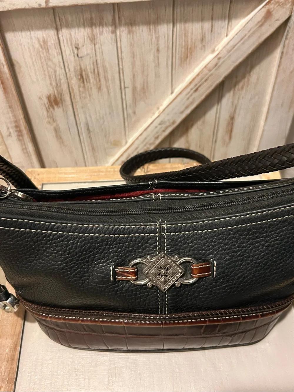 Brighton Vintage Black Pebbled Leather & Brown Croc Hobo Shoulder Bag Purse